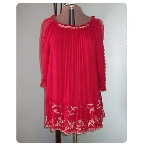 Urban Mango Size M Red Dress 100% Cotton Sundress Dress White Embroidery